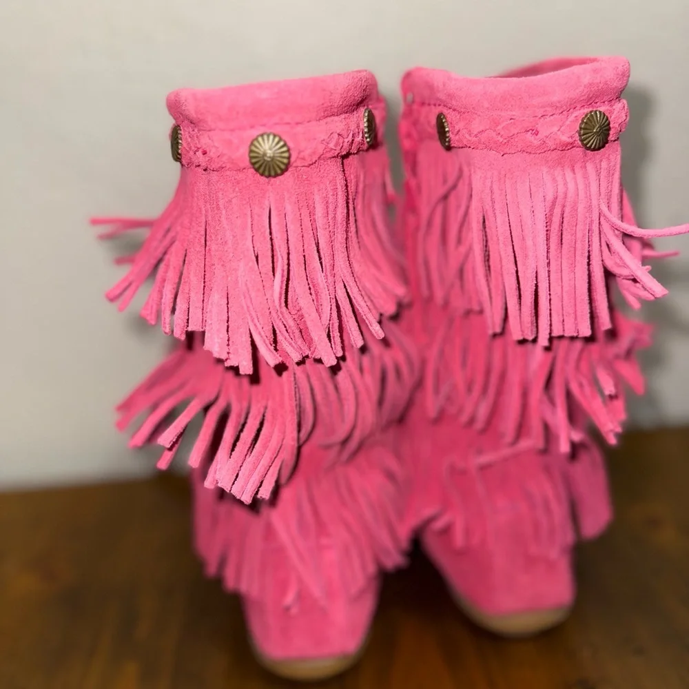 Minnetonka Pink Fringe Boots Kids Size 3 Boho Western Barbiecore‎ Suede